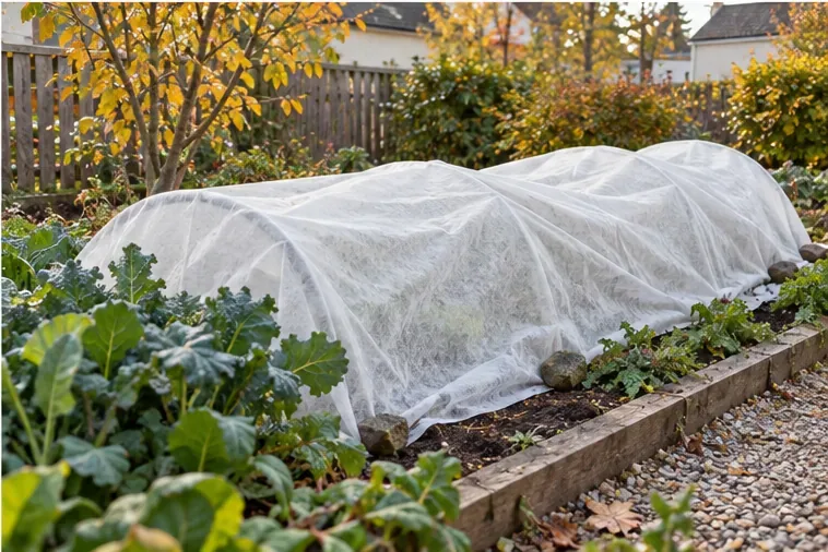 Ein Gemüsebeet mit jungen Winterpflanzen ist mit weißem Gartenvlies abgedeckt