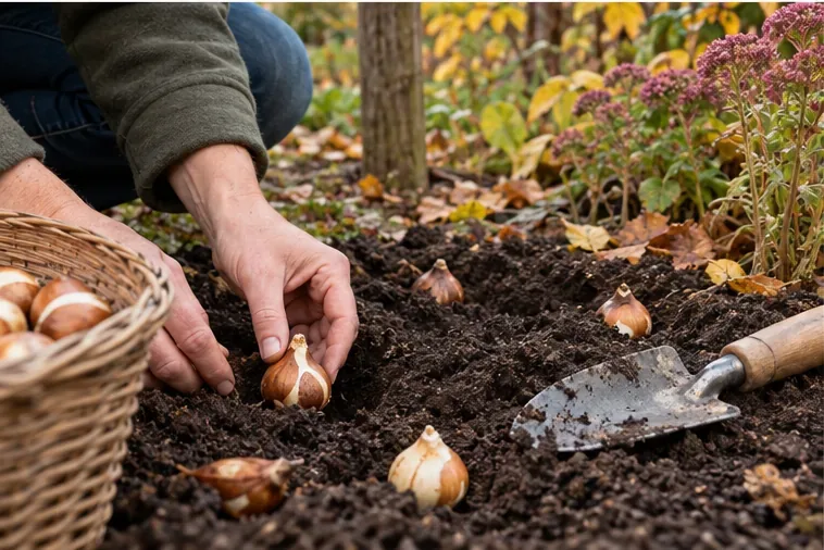 Blumenzwiebeln werden mit einer Handschaufel in ein herbstliches Staudenbeet gesetzt
