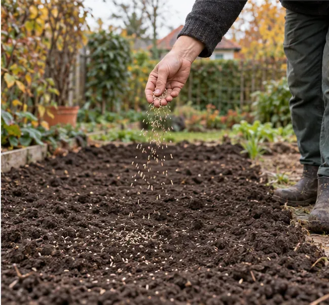 Eine Hand verteilt Saatgut über ein frisch vorbereitetes Gemüsebeet