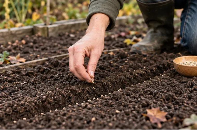 Eine Hand legt einzelne Samen in eine flache Reihe auf dunkler Gartenerde
