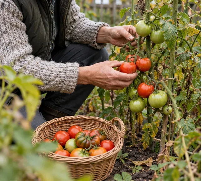 Reife und noch grüne Tomaten werden vor kühlerem Herbstwetter geerntet