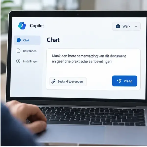 Copilot-chatvenster met een Nederlandstalige opdracht, een knop om een bestand toe te voegen en een knop om de vraag te verzenden