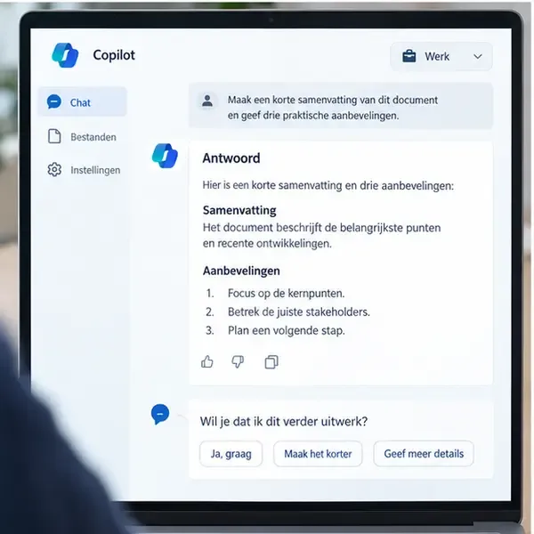 Copilot-antwoord met een samenvatting, drie aanbevelingen en knoppen voor een vervolgvraag