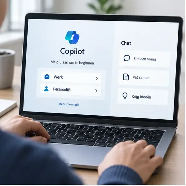 Laptop met een startscherm van Copilot waarop Werk, Persoonlijk en verschillende chatopties zichtbaar zijn