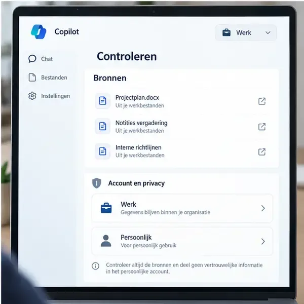 Copilot-scherm met bronverwijzingen en een gedeelte voor account- en privacycontrole met Werk en Persoonlijk