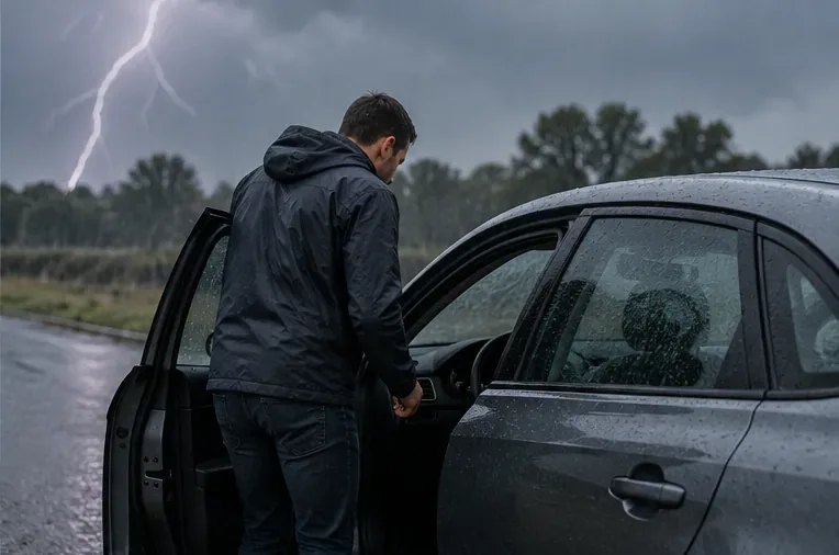 Een man stapt tijdens hevige regen en bliksem in een gesloten auto met metalen dak.