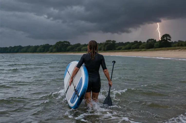 Een suppende vrouw loopt met haar board uit het water terwijl donkere onweerswolken en bliksem zichtbaar zijn.