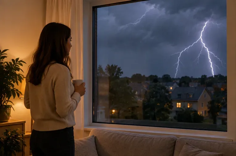 Een vrouw staat binnen in een woning en kijkt door het raam naar bliksem boven de woonwijk.