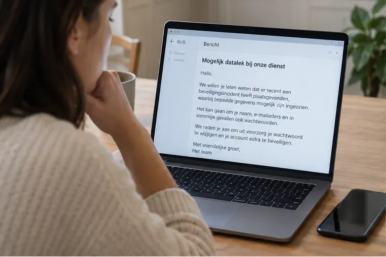 Persoon leest op een laptop een melding over een mogelijk datalek bij een online dienst.