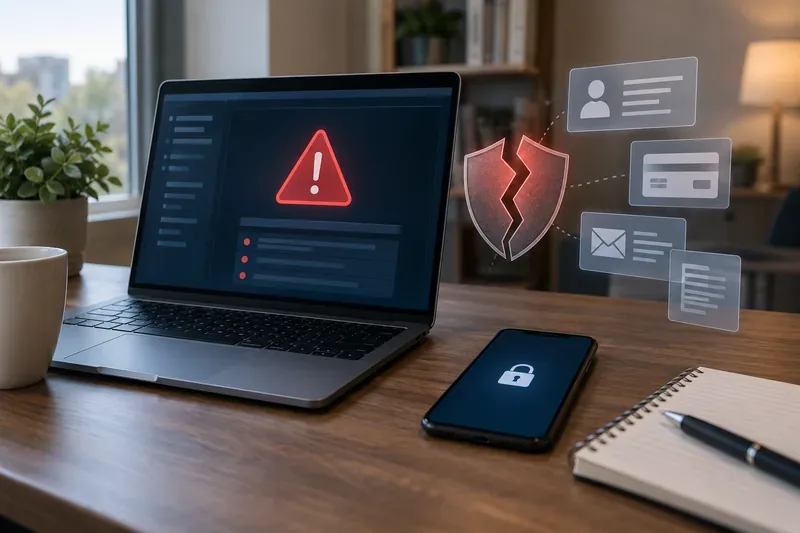 A laptop showing a security warning beside a cracked shield symbol, linked data cards, and a locked smartphone on a home-office desk