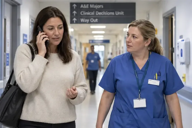 A family member speaking on a mobile phone with a nurse in an A&E corridor