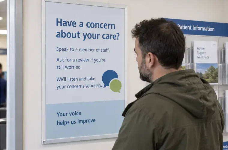 A family member reading a patient-safety poster beside an A&E information area