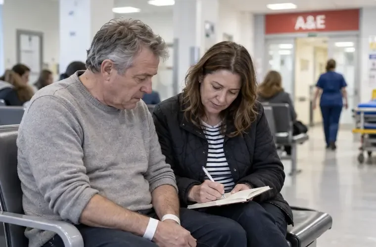 A family member writing down a patient’s changing symptoms in an A&E waiting area