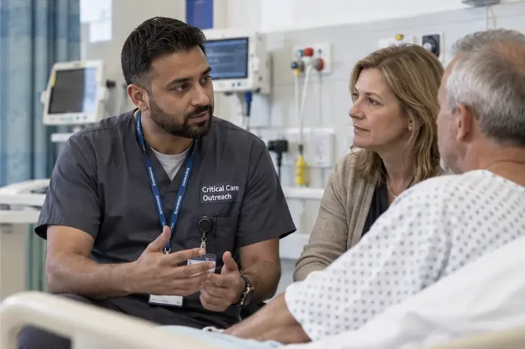 A critical-care-outreach clinician speaking with a patient and family member in an A&E assessment bay