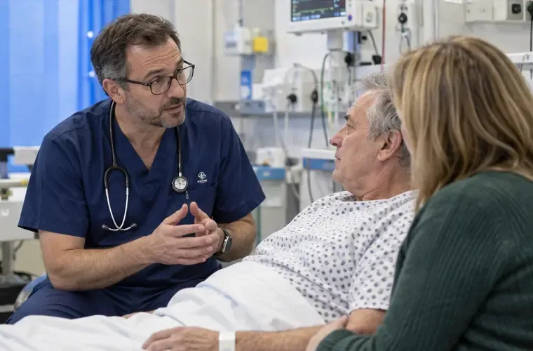 A clinician explaining next steps to a patient and family member in an A&E treatment bay