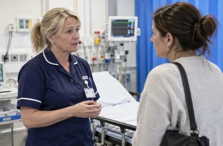 A senior nurse speaking with a family member beside an A&E treatment bay