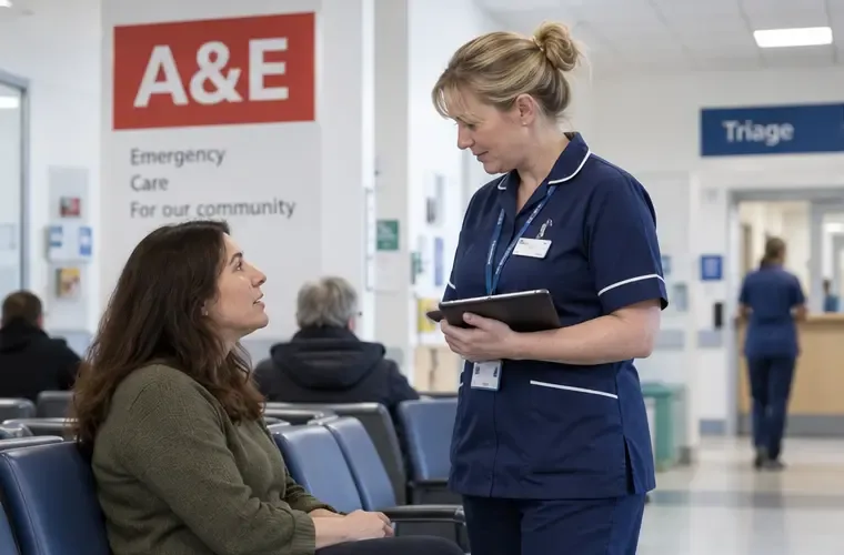 A patient speaking with a triage nurse in an English A&E waiting area