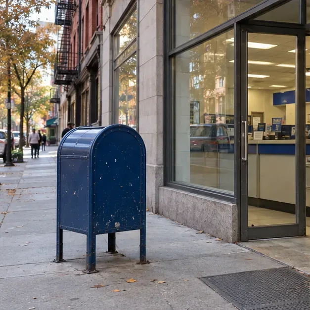 A blue curbside collection mailbox outside a neighborhood storefront on a New York street