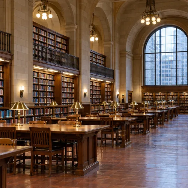 Rows of reading tables and bookshelves inside a large city library