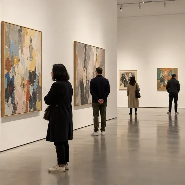 Visitors looking at paintings in a bright museum gallery