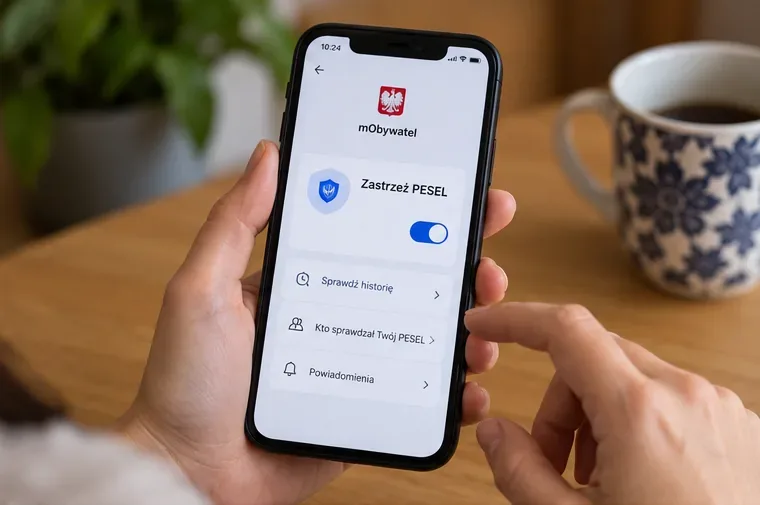 Telefon z ekranem usługi zastrzegania numeru PESEL, używany jako środek ograniczający ryzyko wyłudzeń po naruszeniu danych.
