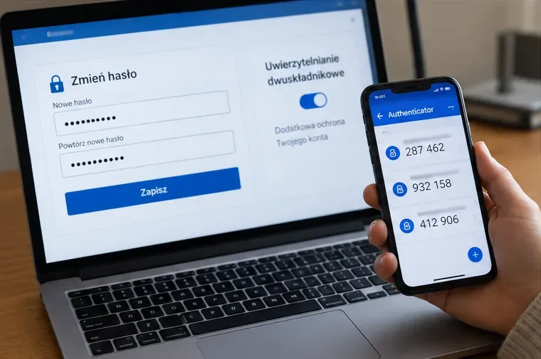 Laptop z ekranem zmiany hasła i telefon z aplikacją uwierzytelniającą, pokazujące włączenie dodatkowej ochrony konta.