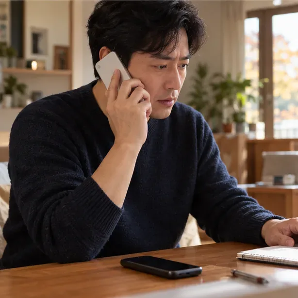 책상에 놓인 다른 휴대전화와 함께 흰색 휴대전화를 든 남성이 통화하고 있다