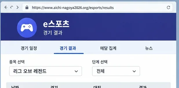 리그 오브 레전드 경기 결과를 확인할 때 종목과 단계 필터를 먼저 확인하는 절차를 보여 주는 화면 구성 예시