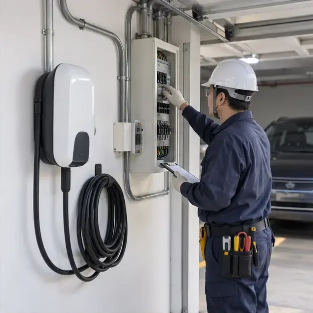 合格電氣技術人員在車庫檢查壁掛式交流充電樁與配電箱