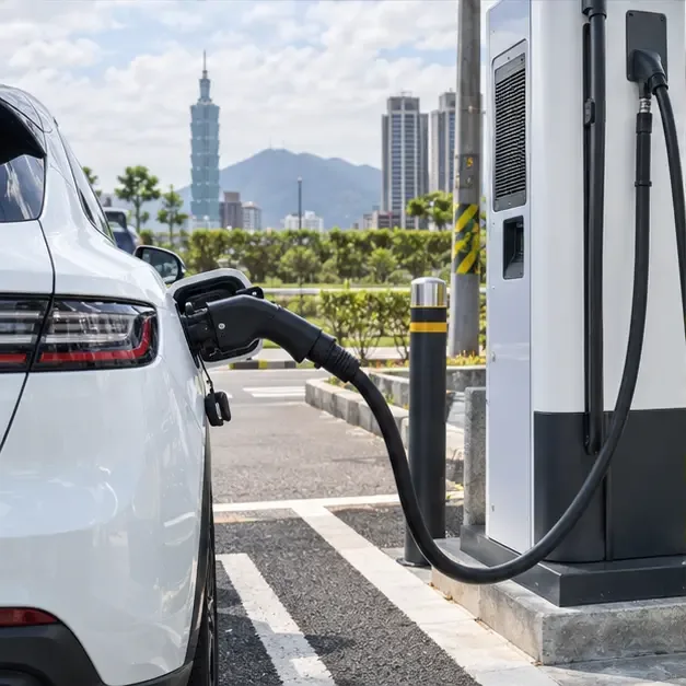 電動車在台灣戶外公共直流快充站連接粗型直流充電線