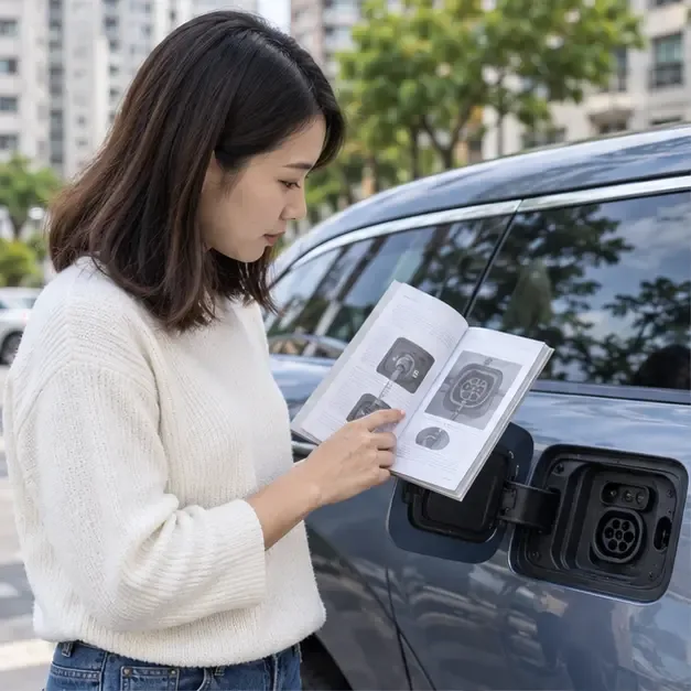 車主在充電孔旁對照車主手冊中的接口圖示
