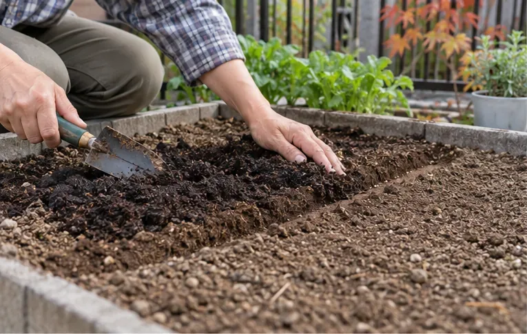 小さな家庭菜園で、手袋をした人が土をほぐし、移植ごてで畝を整えている。