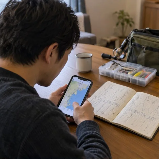 釣行前にスマートフォンの地図とノートを確認する釣り人