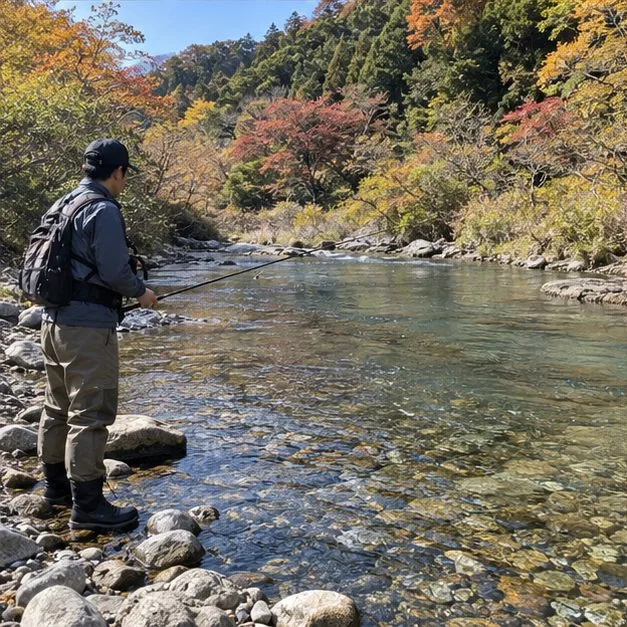 秋の木々に囲まれた川岸で竿を持つ釣り人