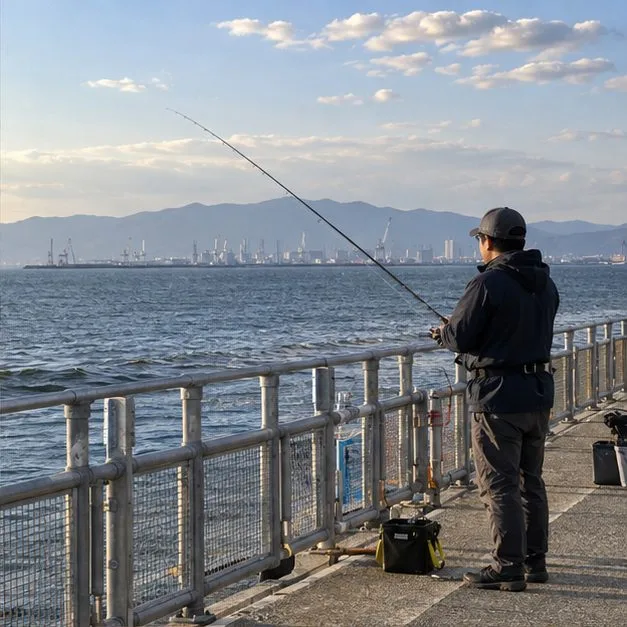 柵のある海辺の釣り場で竿を出す釣り人