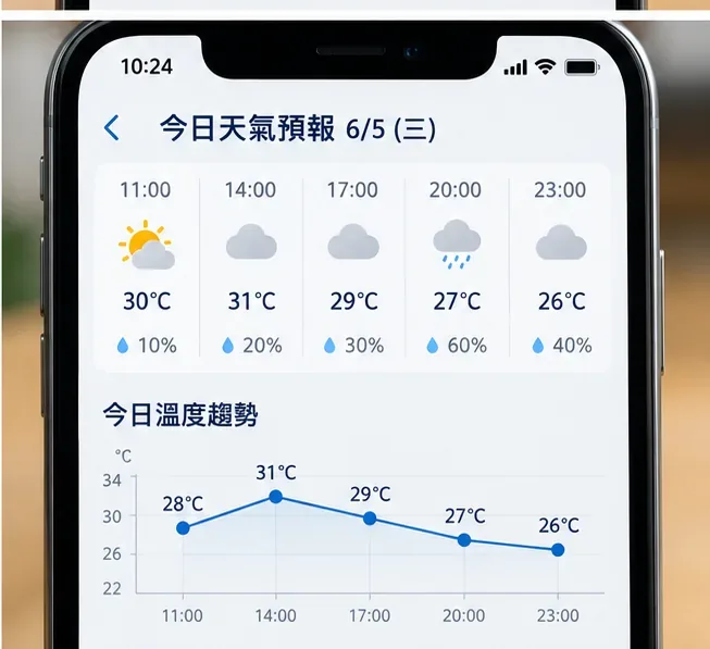 今日逐時天氣預報的操作示意，畫面列出不同時段的溫度、降雨機率與溫度趨勢