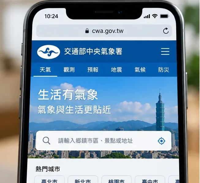 中央氣象署天氣查詢入口的操作示意，畫面包含搜尋地點與天氣分類