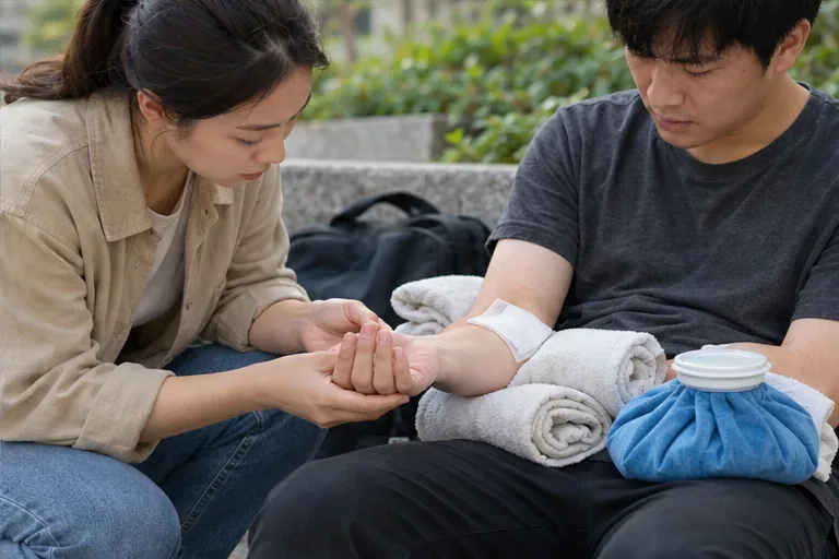 照護者托住受傷者手臂並查看手指，旁邊放著以布包覆的冰袋。