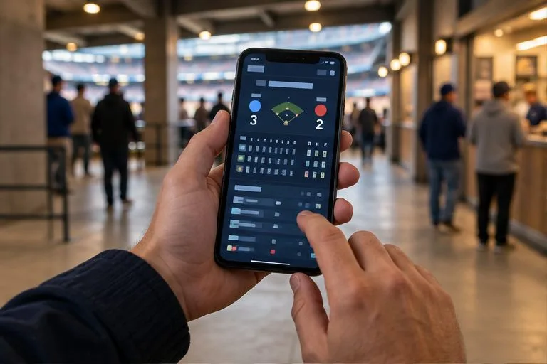 野球場の通路でスマートフォンのスコア画面を確認する手元
