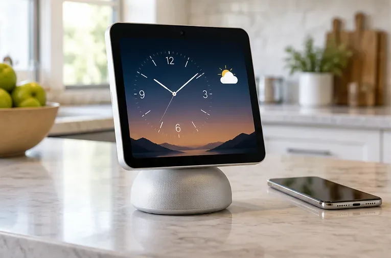 明るいキッチンのカウンターに時計と天気を表示した据え置き型スマートディスプレイとスマートフォンが置かれている