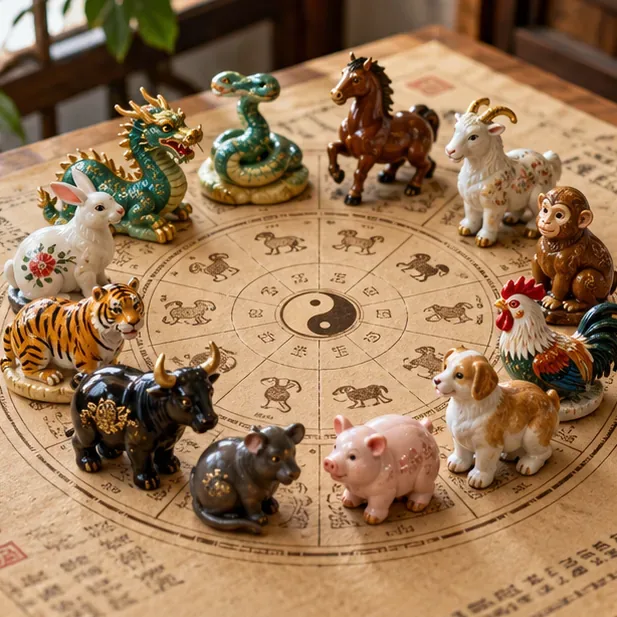 Douze figurines en céramique représentant les animaux du zodiaque chinois sont disposées autour d'un diagramme circulaire du zodiaque chinois sur une table.