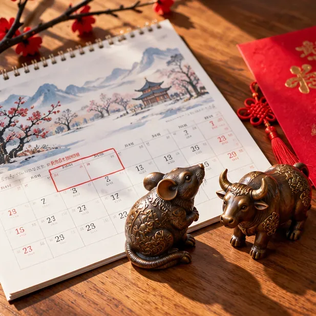Un calendrier de bureau en papier, des figurines de rat et de bœuf décorées et une enveloppe rouge sur une table en bois.