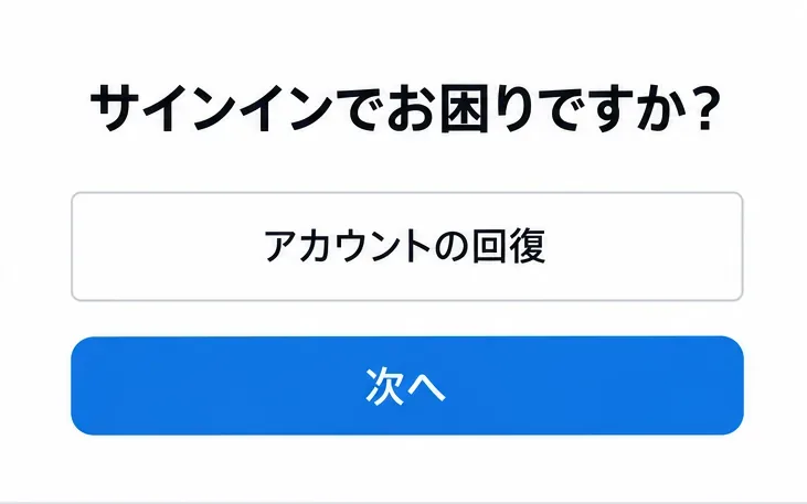 「サインインでお困りですか？」という見出しの下に「アカウントの回復」と「次へ」ボタンが表示された画面。