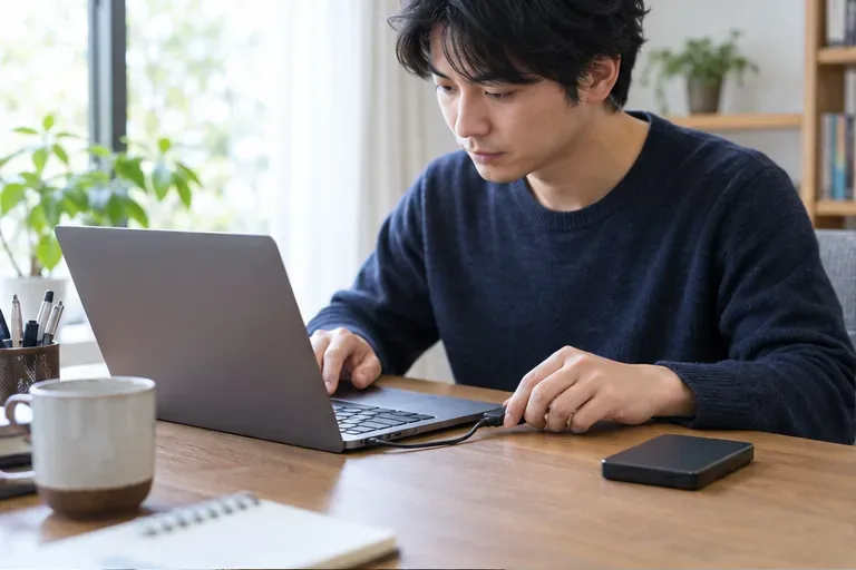 ノートパソコンの横に外付けドライブを置き、ファイルを保存する人