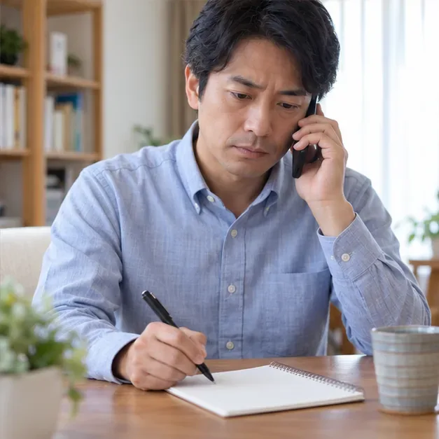 電話で相談しながらノートに記録を取る人