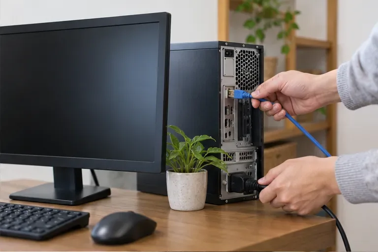 電源を切ったデスクトップPCからLANケーブルと電源ケーブルを抜く手元