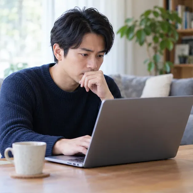 ノートパソコンを見ながら利用端末の安全確認を行う人