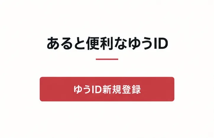 ゆうID紹介画面に「ゆうID新規登録」ボタンが表示されている。