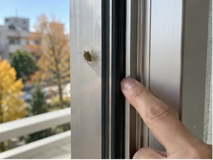 秋の住宅の窓枠に付いた茶色いカメムシと、サッシの隙間を指で確認する手元