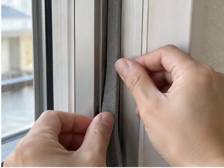 住宅窓の縦枠に灰色のすき間テープを指で押し当てる手元